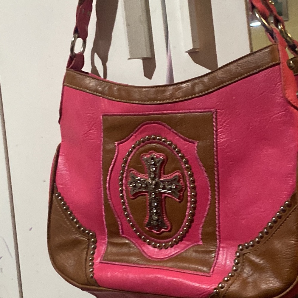Pink and Brown Leather Bag with Studded Heart Cross